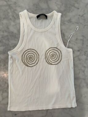 AKIRA White Ribbed Tank with Spiral Beaded Appliqué
